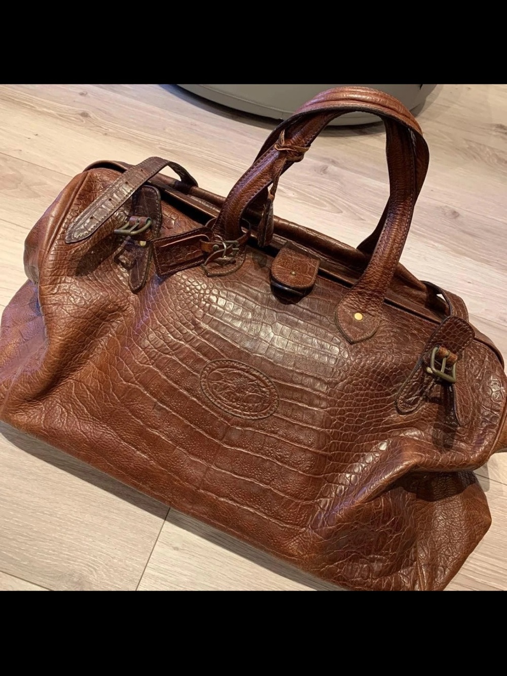 Mulberry Brown Croc-Embossed Leather Duffel Bag